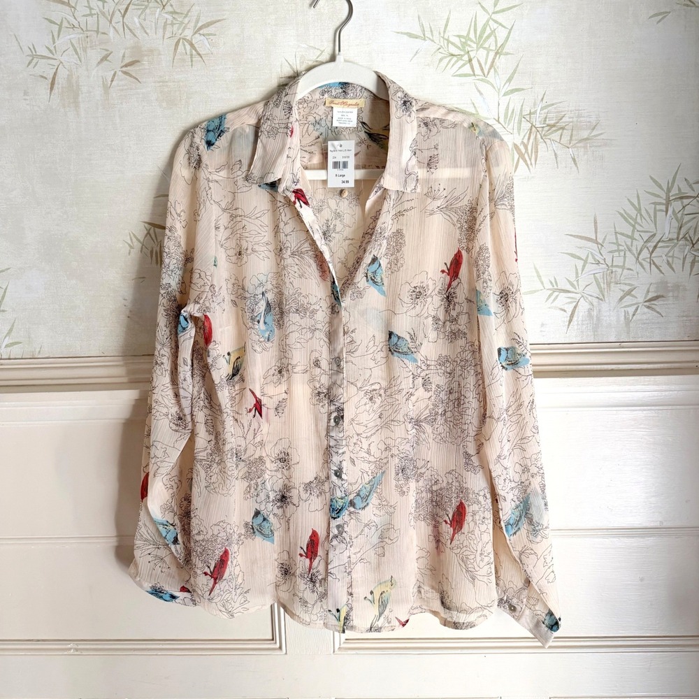 Sheer Novelty Bird Print Button Up Blouse Cream NWT Sweet Magnolia Boho XL